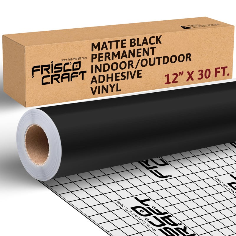 Frisco Craft Permanent Vinyl â€“ Matte Black Adhesive Roll, Waterproof & Weather-Resistant, Siliconized Backing, Compatible with Cricut & Silhouette, Outdoor, Decals, Heavy Duty Vinyl (12"" x 30ft) - Image 1